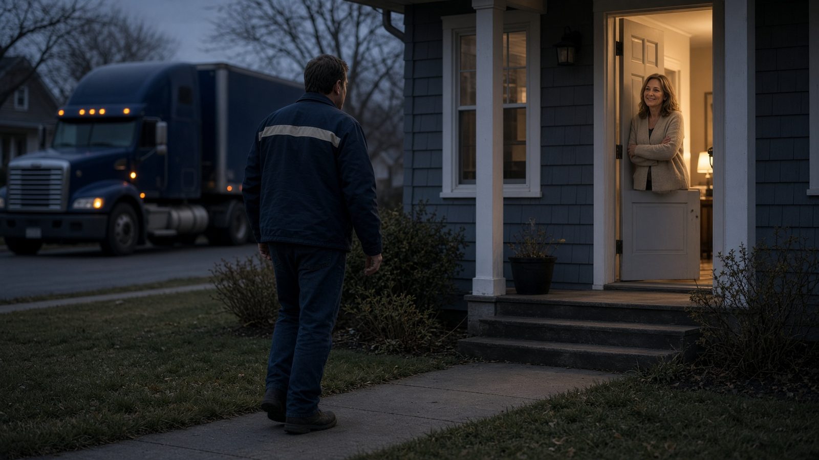 Truck driver arriving home
