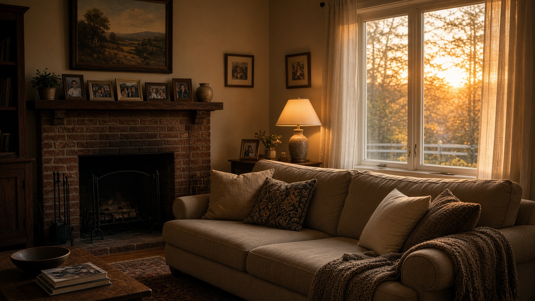 Quiet living room at golden hour