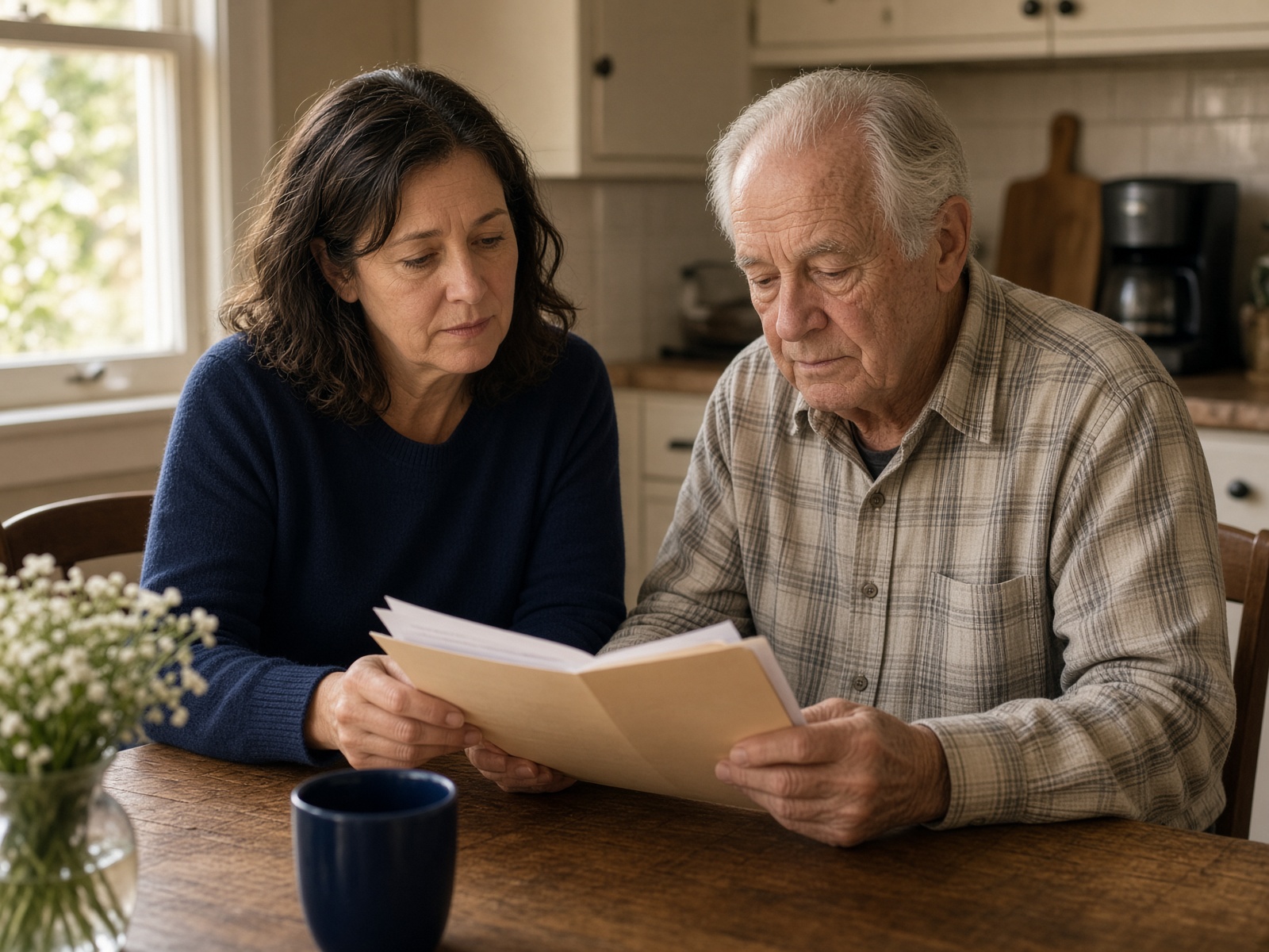 Adult daughter reviewing papers with her father