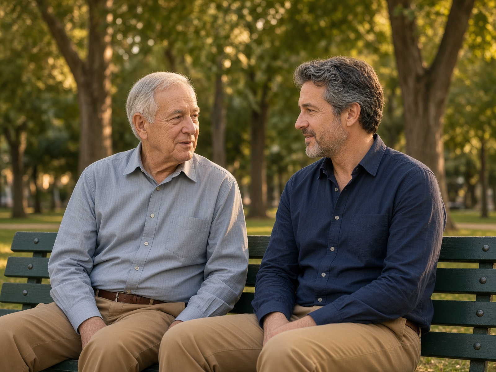Adult son talking with his father outdoors