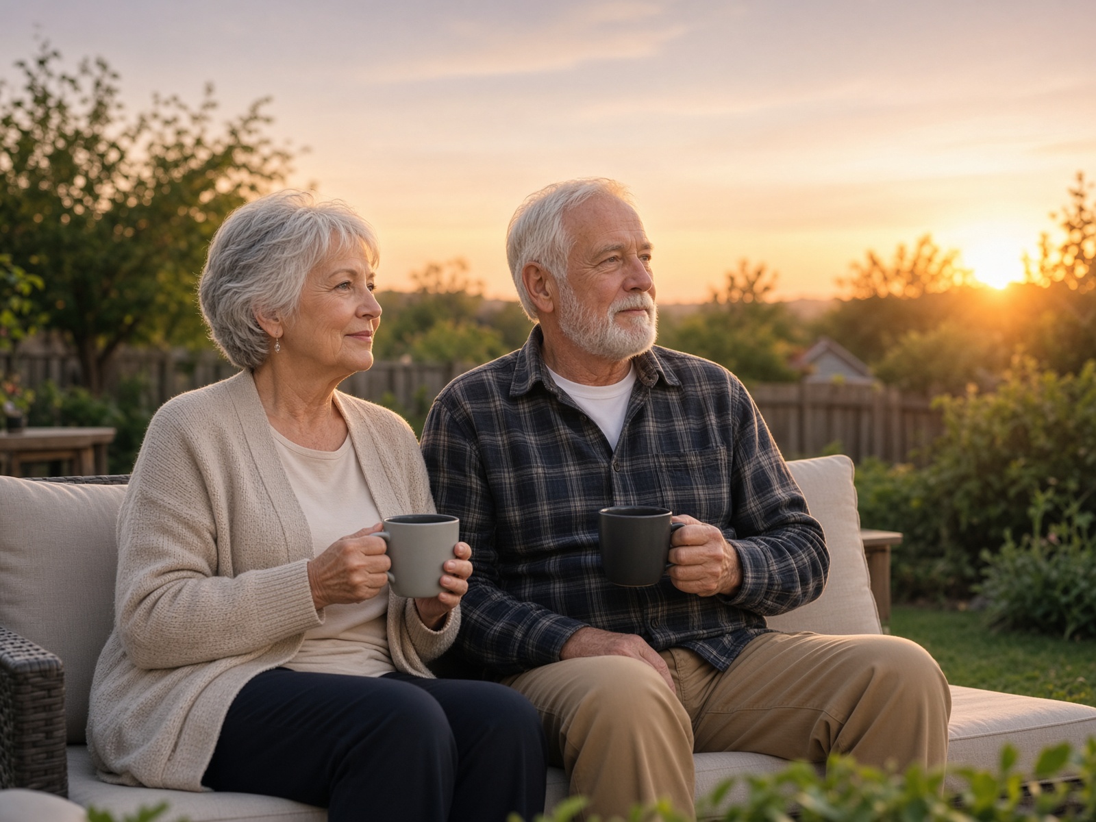 Retired couple on a patio at sunset