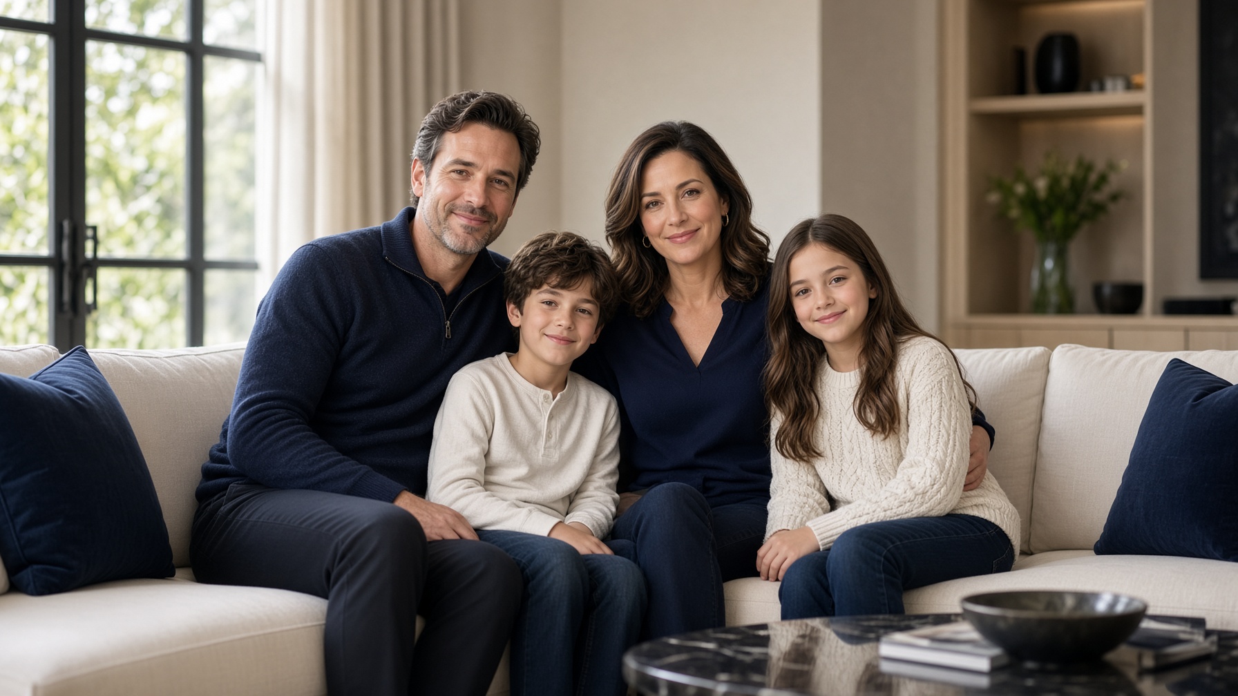 Family together in a living room
