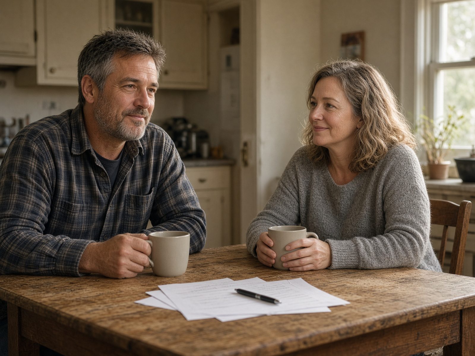 Truck driver and his wife reviewing their options at the kitchen table