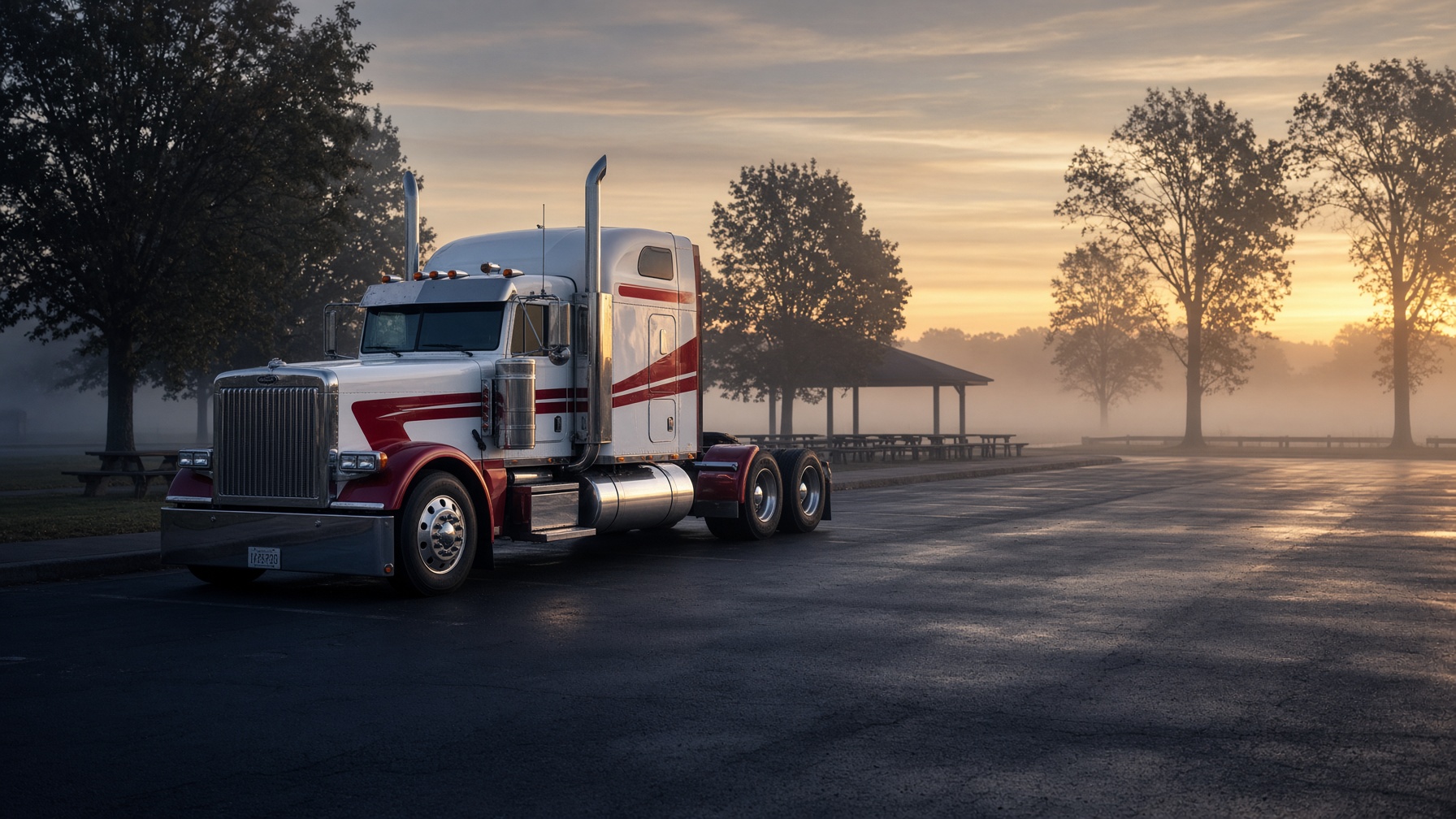 Semi-truck on an open highway at golden hour